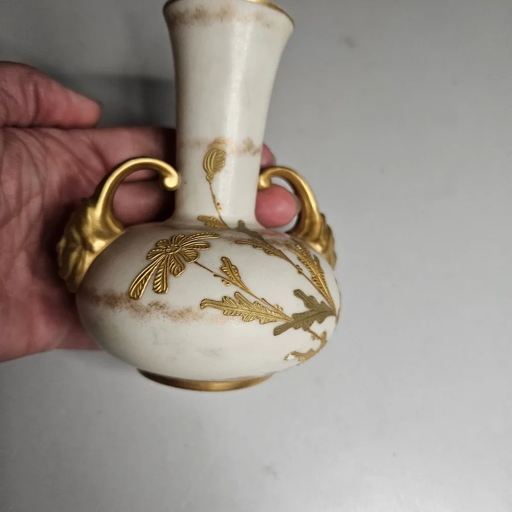 Antique Royal Worcester Miniature Bud Vase Gilt Botanical Figural Handles 880